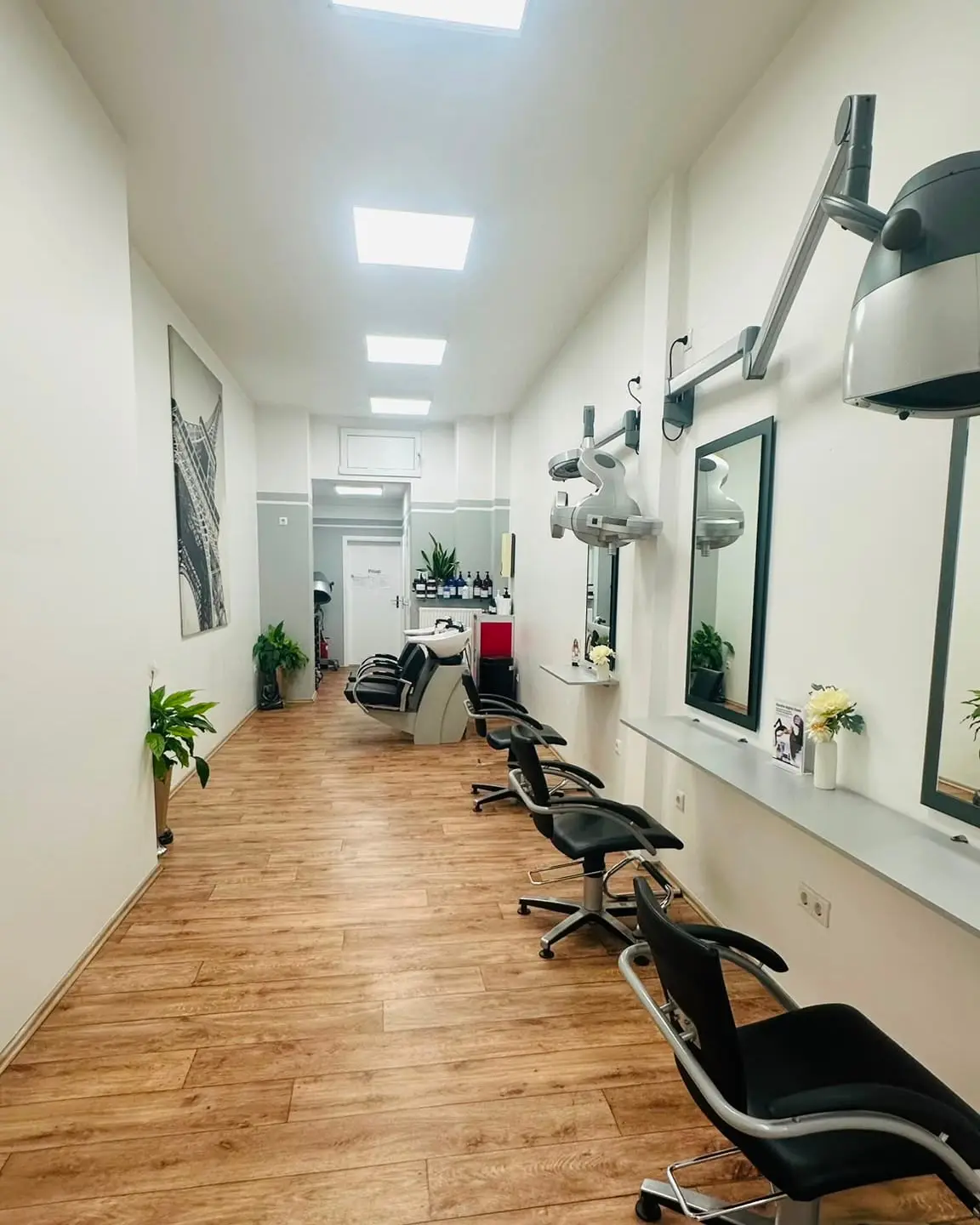 Der Gang zwischen den Arbeitsplätzen im Salon Comhair, mit Spiegeln, Stühlen und Pflanzen